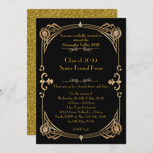 Prom-uitnodiging iedereen, Gatsby-stijl, glitter G Kaart (Voorkant / Achterkant)