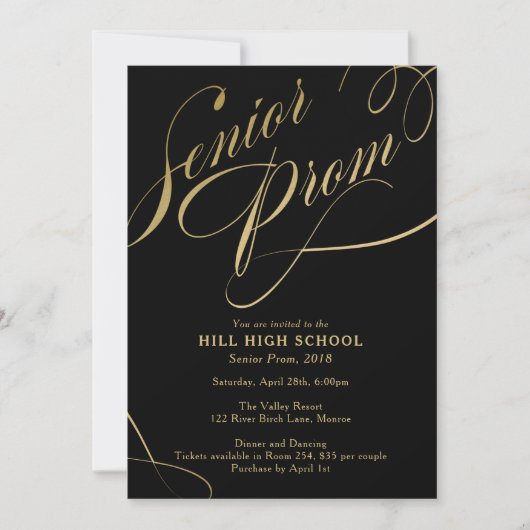 Prom-uitnodiging, zwarte & Gold Script-senior Prom Kaart (Voorkant)