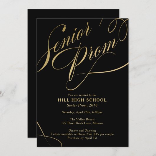 Prom-uitnodiging, zwarte & Gold Script-senior Prom Kaart (Voorkant / Achterkant)