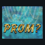 Prom? Voorstellen voor goudkleurige gouden lampjes Puzzel<br><div class="desc">Vraag iemand naar de prom met een faux goud Prom? puzzel. Creative blue light achtergrond is voorzien van gouden en witte,  dunne blik van dubbellichten. Faux goudprom text/.</div>