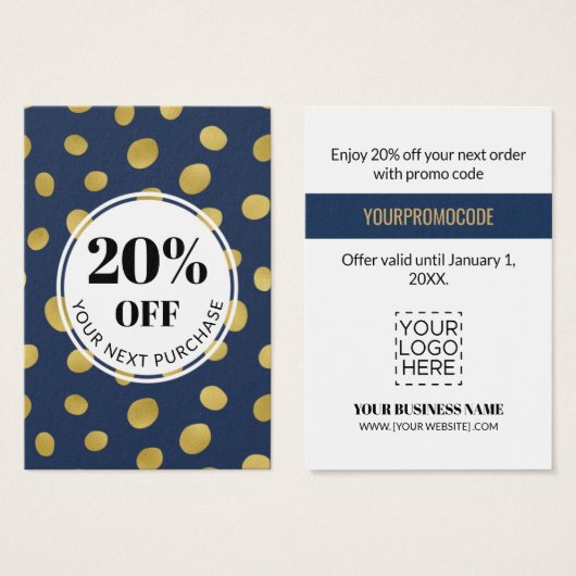 Promo Code marineblauw goudcirkels Korting op cred Visitekaartje (Voorkant /achterkant)