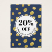 Promo Code marineblauw goudcirkels Korting op cred Visitekaartje (Voorkant)