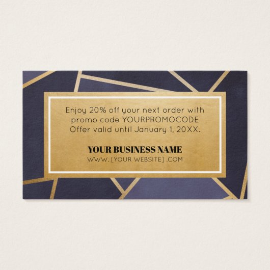 Promo Code Navy Blue Gold Coupon Discount Kaarten Visitekaartje (Achterkant)