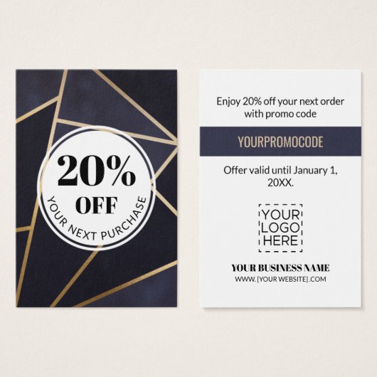 Promo Code Navy Blue Gold Geometric Discount Cards Visitekaartje (Voorkant /achterkant)