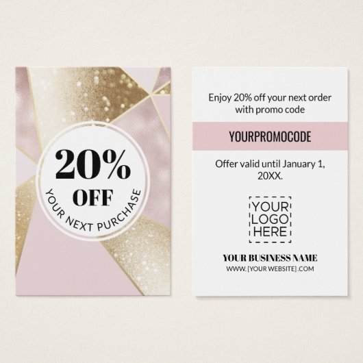 Promo Code roze Gold Geometric Discount Kaarten Visitekaartje (Voorkant /achterkant)