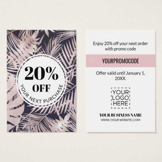 Promo Code Tropische marineblauw roze korting Kaar Visitekaartje (Voorkant /achterkant)