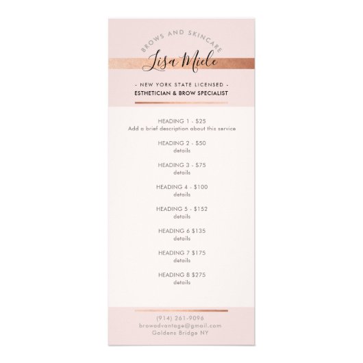 PROMO PRICE SERVICES LIST chic pink gold Reclamekaart (Voorkant)
