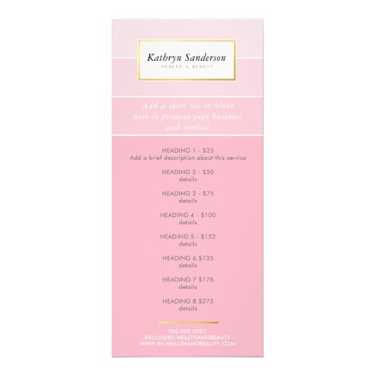 PROMO PRIJS DIENSTEN LIJST moderne chique roze omb Reclamekaart (Voorkant)