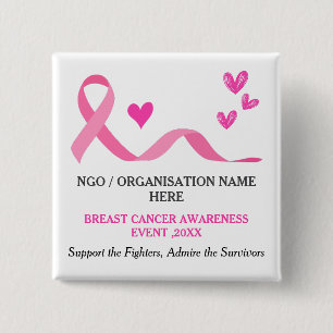 Promotieartikel voor borstkankerbewustzijn met roz vierkante button 5,1 cm