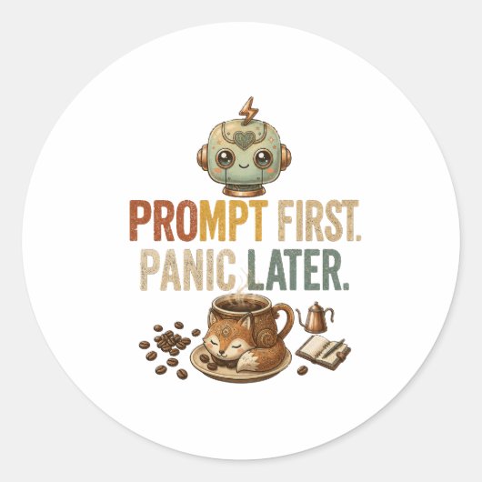 Prompt Eerst Paniek Later Grappige Ai Robot Ronde Sticker (Voorkant)