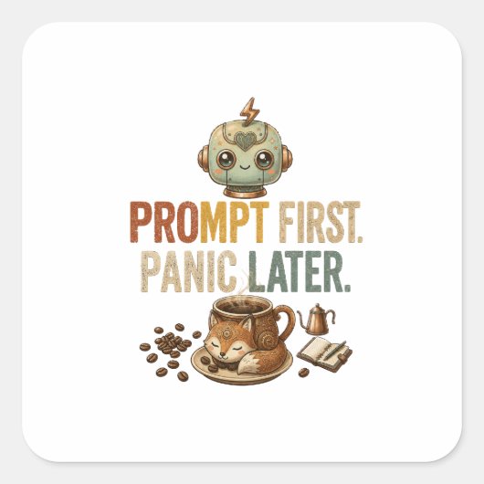 Prompt Eerst Paniek Later Grappige Ai Robot Vierkante Sticker (Voorkant)
