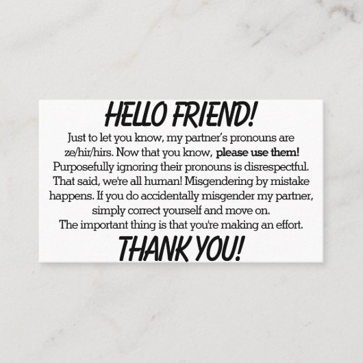 Pronoun-Kaarten (ze/hir-partner) Visitekaartje (Voorkant)