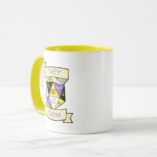  Pronouns Nonbinary D20 TTRPG Dice Mok (Voorkant links)