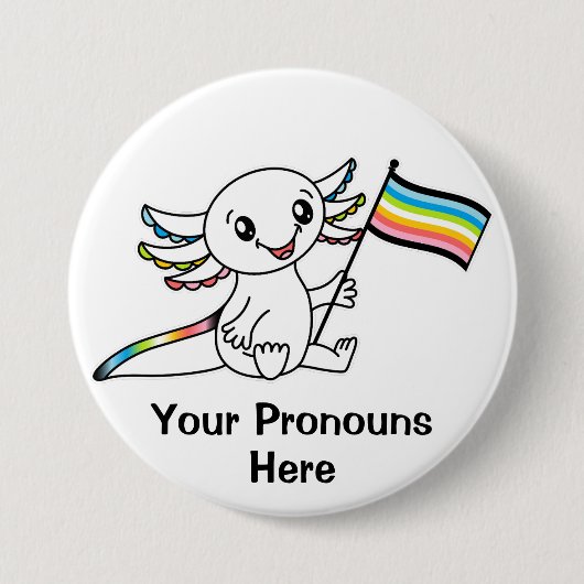PRONOUNS Schattigee Axolotl met Queer Pride Flag L Ronde Button 7,6 Cm (Voorkant)
