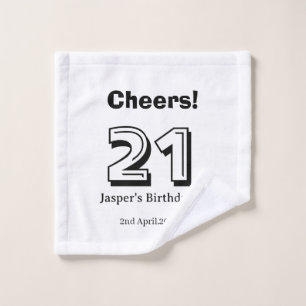Proost 21 verjaardag naam in vet letter jongen man washandje