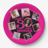 Proost 30e verjaardag 8 foto naam roze zwart papieren bordje (Voorkant)