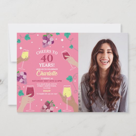 Proost 40e verjaardag wijnproeverij partij roze fo kaart (Voorkant)
