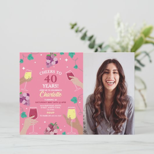 Proost 40e verjaardag wijnproeverij partij roze fo kaart (Staand voorkant)