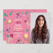 Proost 40e verjaardag wijnproeverij partij roze fo kaart (Voorkant / Achterkant)