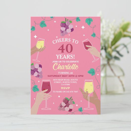 Proost 40e verjaardag wijnproeverij Party Roze Kaart (Staand voorkant)