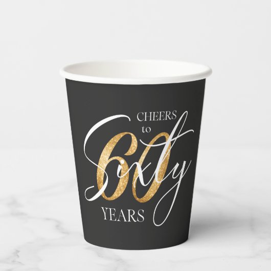 Proost 60 | 60e Black Gold Glitter Verjaardag Papieren Bekers (Achterkant)