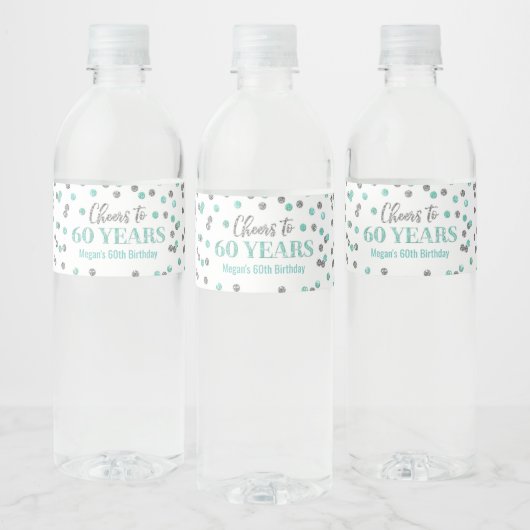 Proost 60 jaar Aqua Silver Confetti Verjaardag Waterfles Etiket (Flessen)