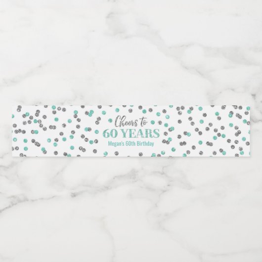 Proost 60 jaar Aqua Silver Confetti Verjaardag Waterfles Etiket (Enkel label)