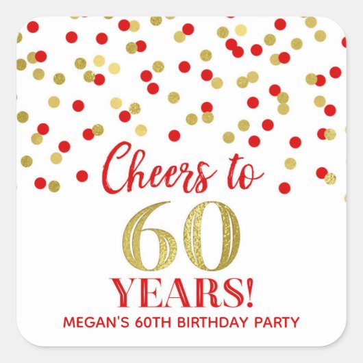 Proost 60 jaar Gouden rode Confetti Vierkante Sticker (Voorkant)
