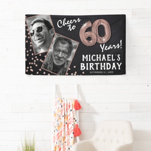 Proost 60 jaar Roos Gold 2 Foto Verjaardag Spandoek (Insitu)