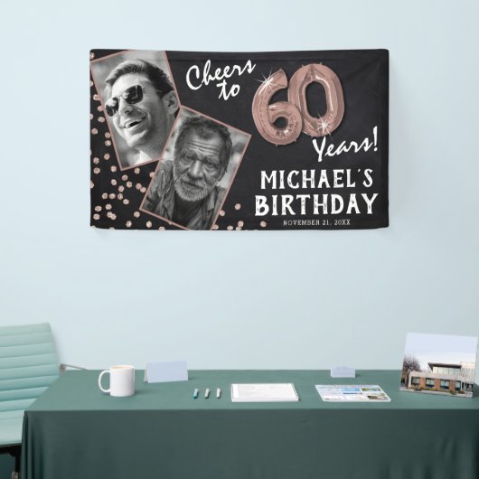 Proost 60 jaar Roos Gold 2 Foto Verjaardag Spandoek (Beurs)