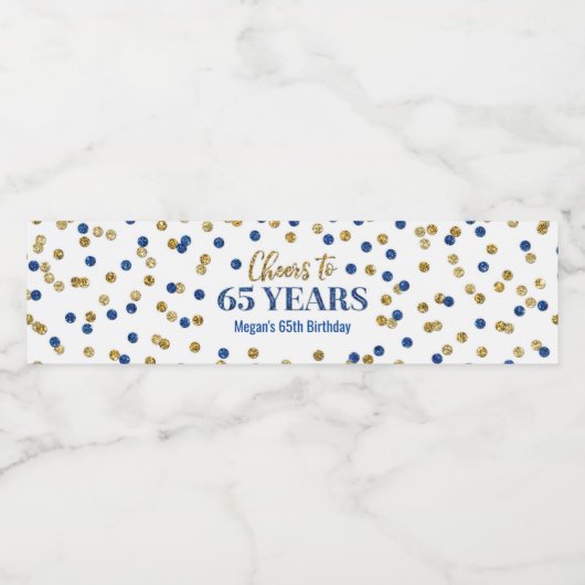 Proost 65 jaar Confetti van Blue Gold Waterfles Etiket (Enkel label)