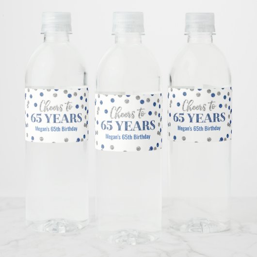 Proost 65 jaar Confetti van Blue Silver Waterfles Etiket (Flessen)