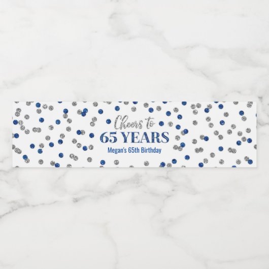 Proost 65 jaar Confetti van Blue Silver Waterfles Etiket (Enkel label)
