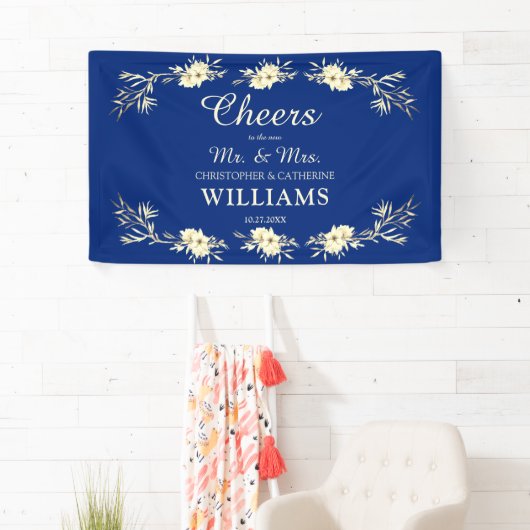 Proost aan de Mr. en Mrs Blue Floral Wedding Spandoek (Insitu)