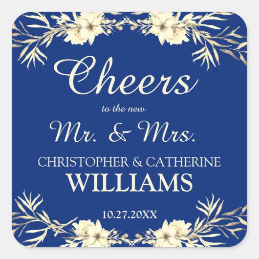 Proost aan de Mr. en Mrs Blue Floral Wedding Vierkante Sticker (Voorkant)