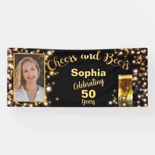 Proost & bier 50e verjaardag sprankelende sterren  spandoek (Horizontaal)