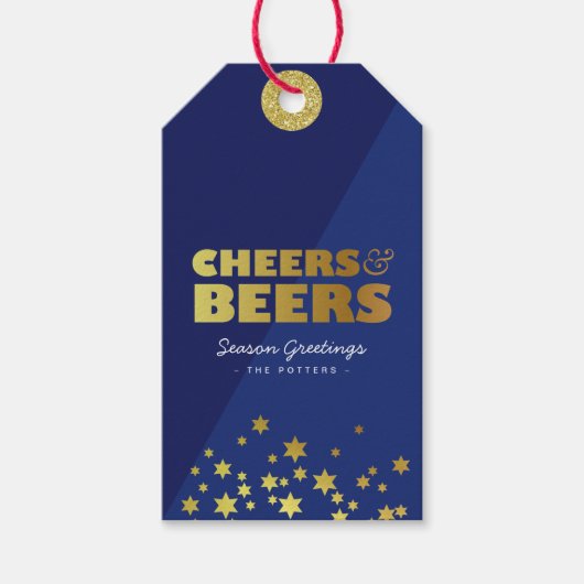 Proost & bieren | Fun Christmas Blue & Gold Cadeaulabel (Voorkant)