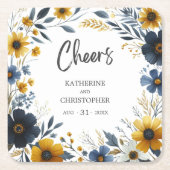 Proost Blauwe Gele Wildbloemen Elegante Bruiloft Kartonnen Onderzetters (Voorkant)