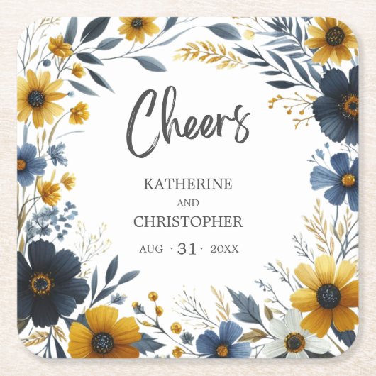 Proost Blauwe Gele Wildbloemen Elegante Bruiloft Kartonnen Onderzetters (Voorkant)
