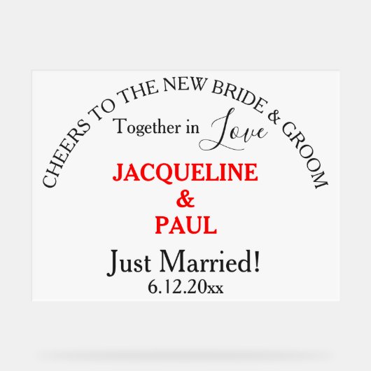 Proost bruid bruidegom net getrouwd rode namen acryl bord (Voorkant)