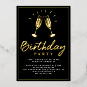 Proost Champagne Fun Glam Zwart en Goud Verjaardag Folie Uitnodiging (Voorkant)