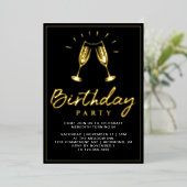 Proost Champagne Fun Glam Zwart en Goud Verjaardag Folie Uitnodiging (Staand Voorkant)