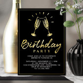 Proost Champagne Fun Glam Zwart en Goud Verjaardag Folie Uitnodiging