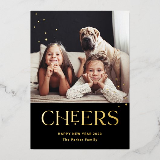 Proost | Decoratieve tekst Gelukkig Nieuwjaar Foto Folie Feestdagenkaart (Voorkant)
