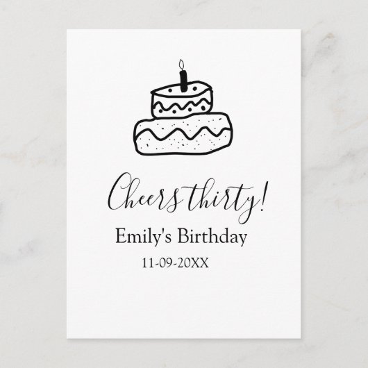 Proost dertig verjaardagstaart zwarte krabbel hand briefkaart (Voorkant)