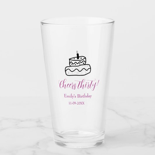 Proost dertig verjaardagstaart zwarte krabbel hand glas (Voorkant)