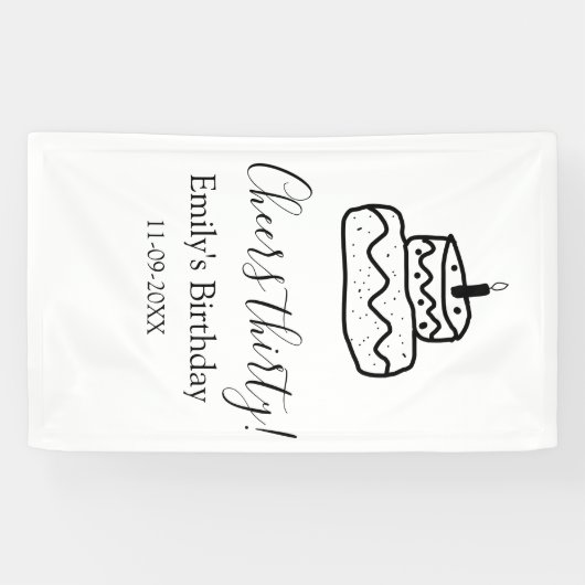 Proost dertig verjaardagstaart zwarte krabbel hand spandoek (Horizontaal)