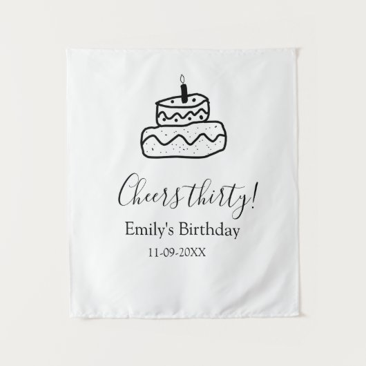 Proost dertig verjaardagstaart zwarte krabbel hand wandkleed (Voorkant)