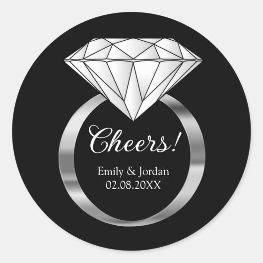 Proost Diamanten Trouwring Aangepaste Tekst Zwart Ronde Sticker (Voorkant)