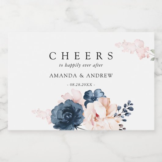 Proost Dusty Blue, roze bloemige bruiloft Modern Sparkling Wijnetiket (Enkel label)